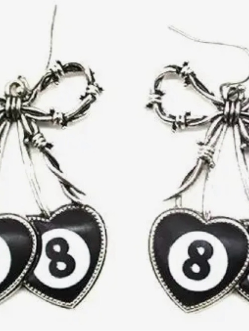 8-Ball Heart Dangle Earrings - Black and Silver